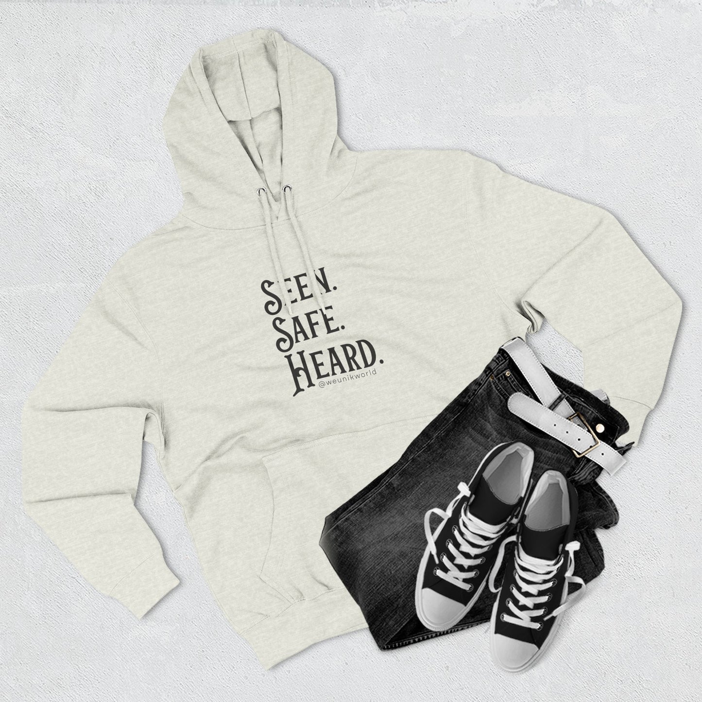 Seen. Safe. Heard Fleece Hoodie — Three-Panel Cozy Sweatshirt